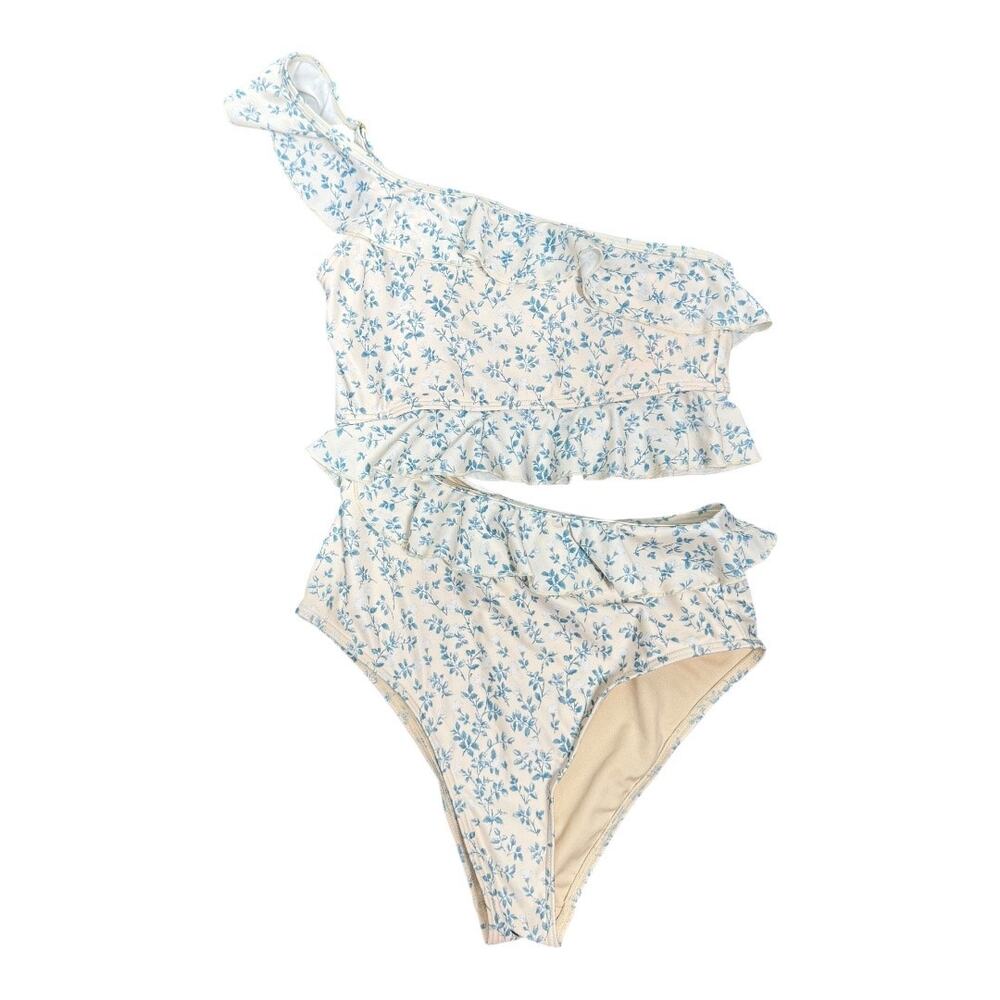 Peony Renaissance Ruffle One Piece Swimsuit AU8 S Blue Cream Floral Print Cutout - Picture 3 of 10